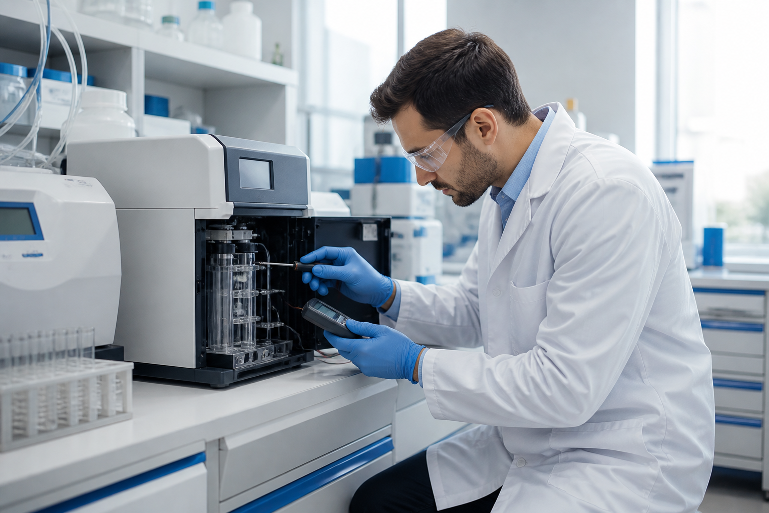 Maintenance engineer servicing laboratory equipment